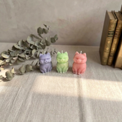 El Yapımı Sevimli Kedi Figürlü Mum Seti – 3'lü, Pastel Renkli Dekoratif Mum