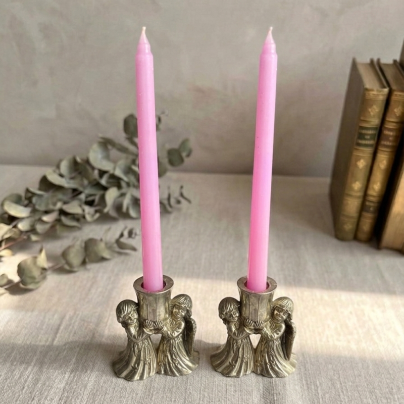 El Yapımı İkili Şamdanlık Mum Seti – Pembe, Sofra & Dekor Mumu (Şamdansız)